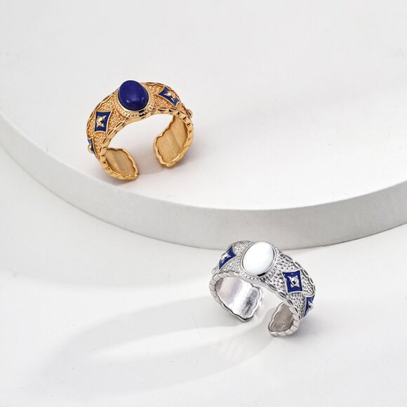 ✨ Artisan Original Lapis Lazuli & Enamel Statement Ring | S925 Gold Adjustable - Picture 15 of 15